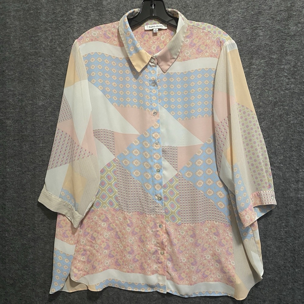Rose Olive Blouse Top Womens 1X Pink Floral Patchwork Button Shirt Tunic Office